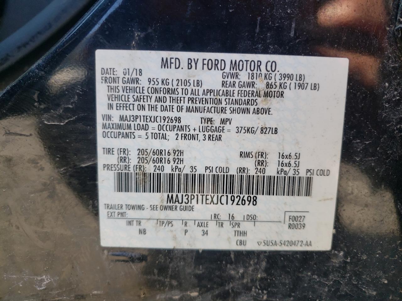 Photo 10 from auction – 2018 FORD ECOSPORT S with VIN MAJ3P1TEXJC192698