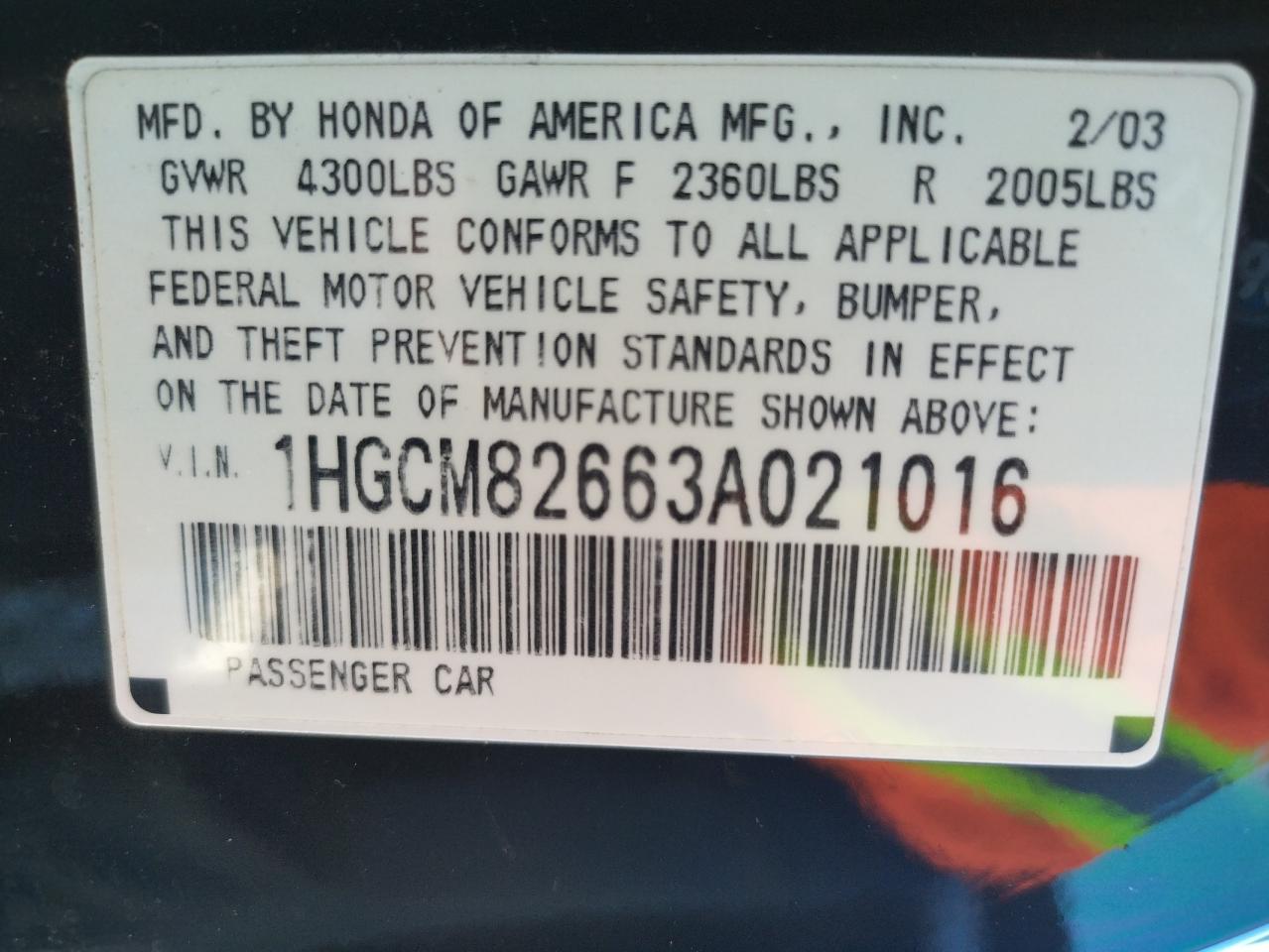 Photo 10 from auction – 2003 HONDA ACCORD EX with VIN 1HGCM82663A021016