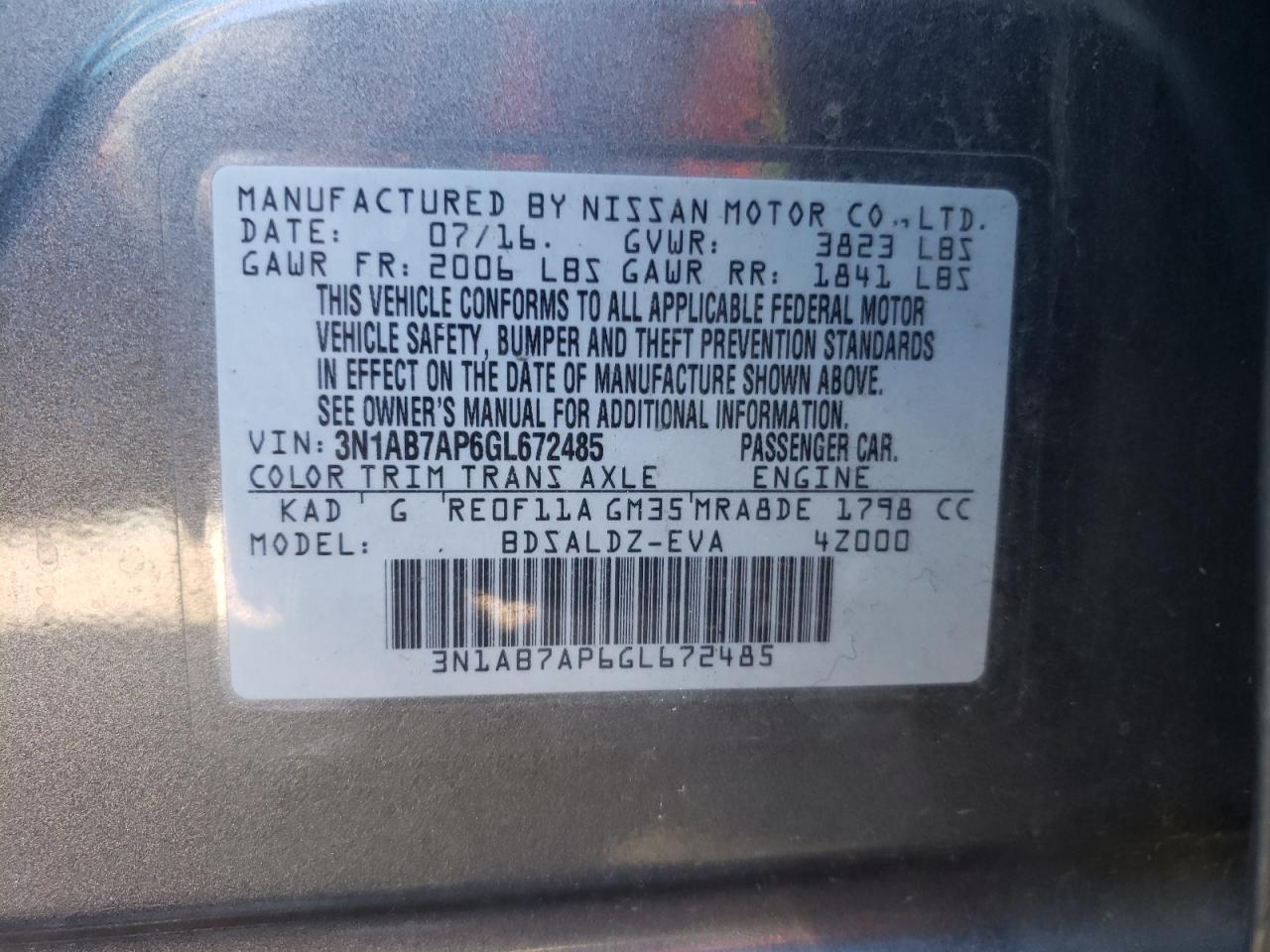 Photo 10 from auction – 2016 NISSAN SENTRA S with VIN 3N1AB7AP6GL672485