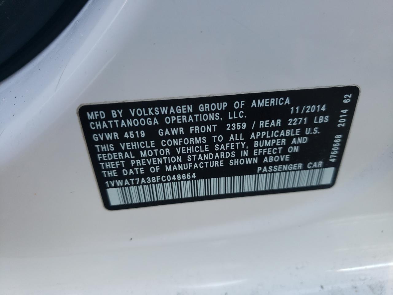 Photo 10 from auction – 2015 VOLKSWAGEN PASSAT S with VIN 1VWAT7A38FC048654