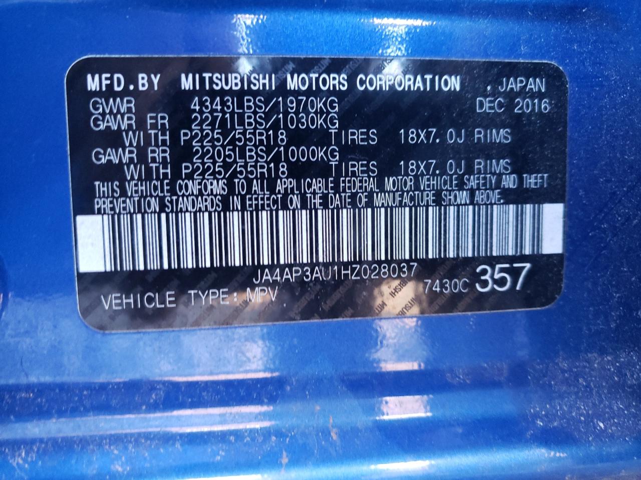 Photo 10 from auction – 2017 MITSUBISHI OUTLANDER with VIN JA4AP3AU1HZ028037
