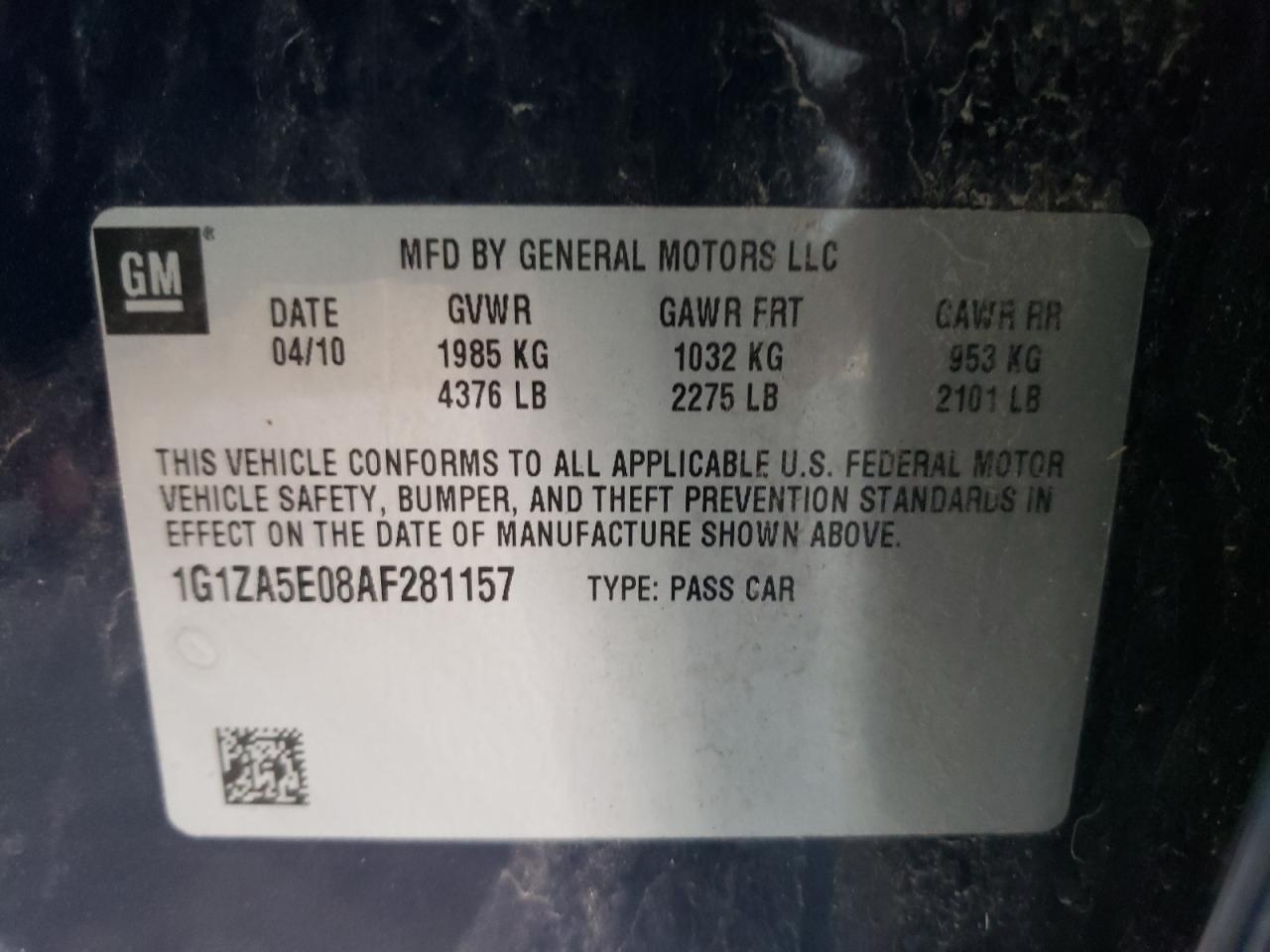 Photo 10 from auction – 2010 CHEVROLET MALIBU LS with VIN 1G1ZA5E08AF281157