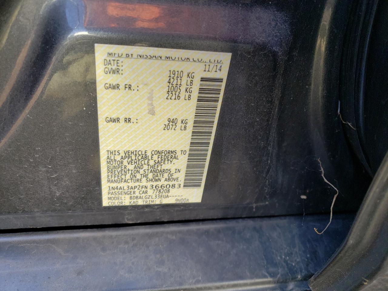 Photo 10 from auction – 2015 NISSAN ALTIMA 2.5 with VIN 1N4AL3AP2FN366083
