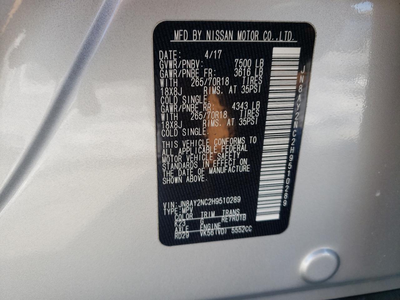 Photo 10 from auction – 2017 NISSAN ARMADA SV with VIN JN8AY2NC2H9510289