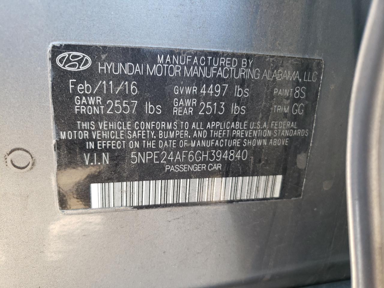 Photo 10 from auction – 2016 HYUNDAI SONATA SE with VIN 5NPE24AF6GH394840