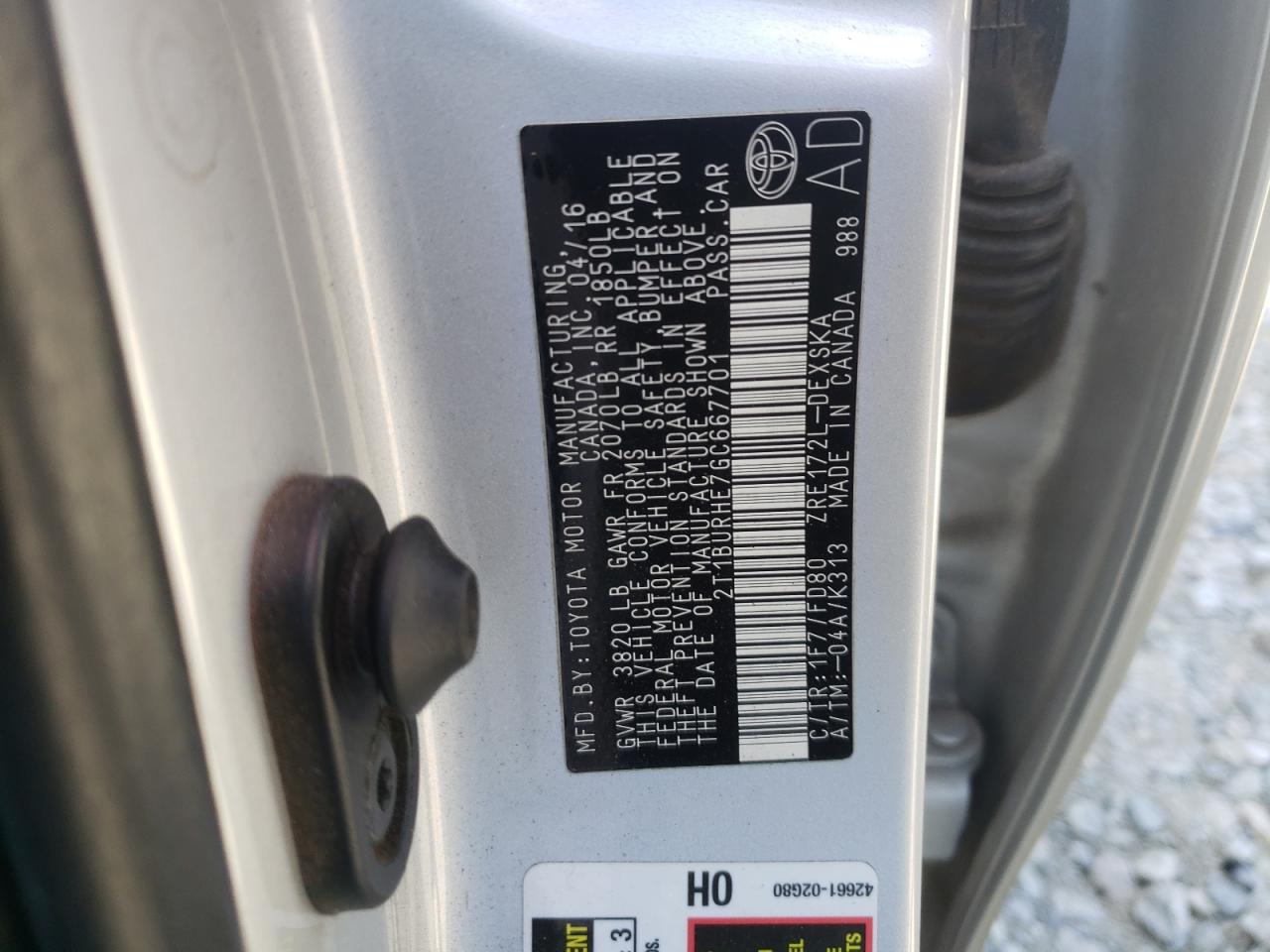 Photo 10 from auction – 2016 TOYOTA COROLLA L with VIN 2T1BURHE7GC667701