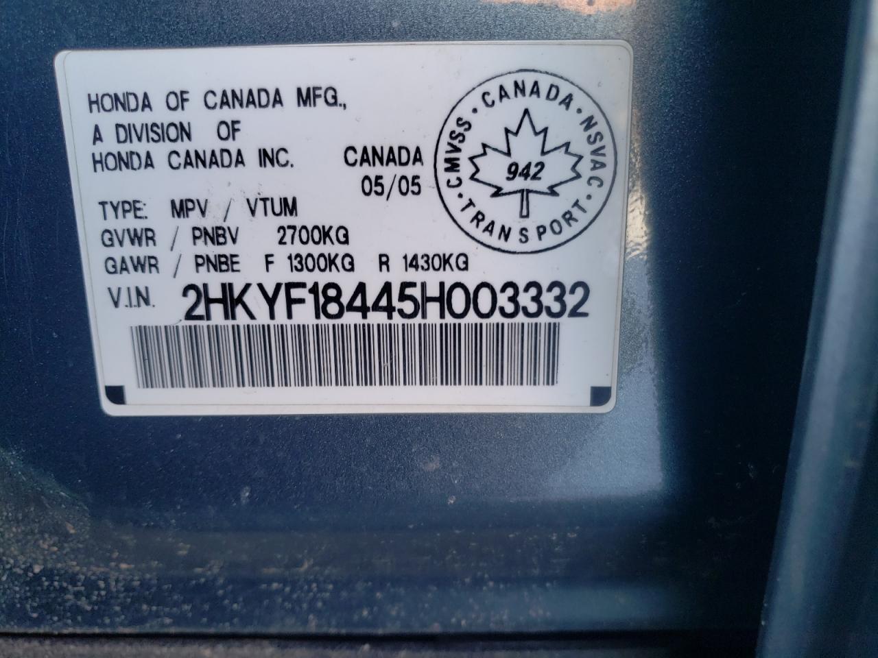 Photo 10 from auction – 2005 HONDA PILOT EX with VIN 2HKYF18445H003332
