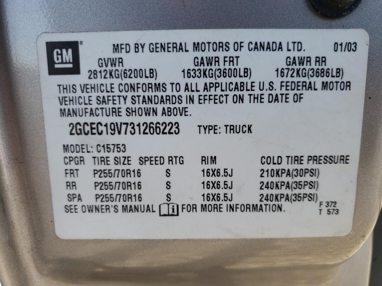 Photo 10 from auction – 2003 CHEVROLET SILVERADO with VIN 2GCEC19V731266223