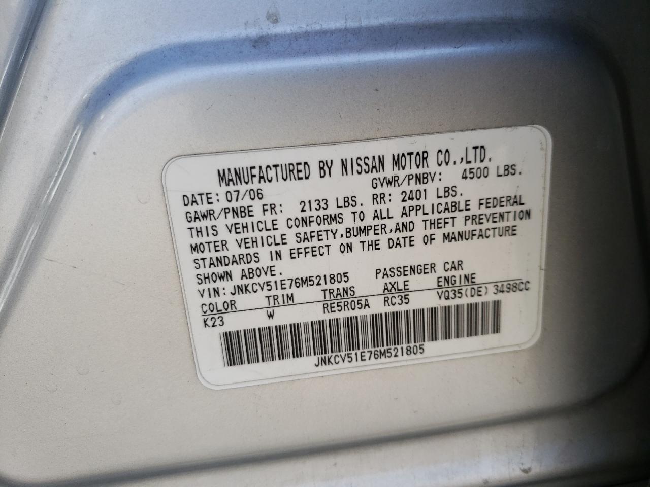 Photo 10 from auction – 2006 INFINITI G35 with VIN JNKCV51E76M521805