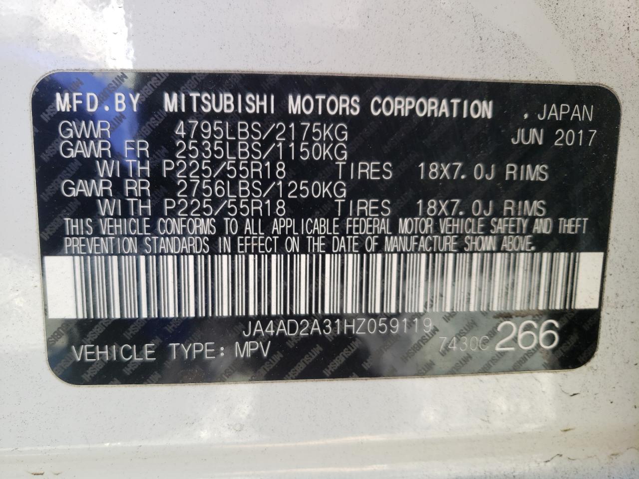 Photo 10 from auction – 2017 MITSUBISHI OUTLANDER with VIN JA4AD2A31HZ059119