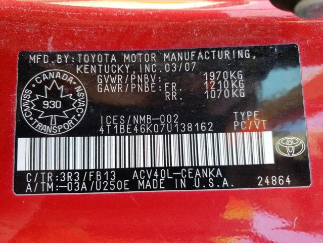 Photo 10 from auction – 2007 TOYOTA CAMRY CE with VIN 4T1BE46K07U138162