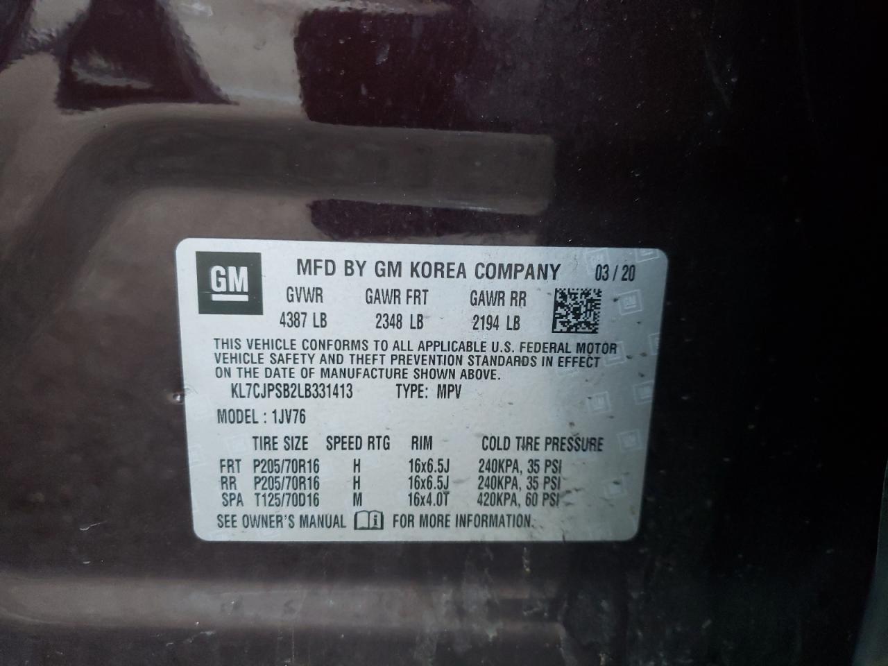Photo 10 from auction – 2020 CHEVROLET TRAX 1LT with VIN KL7CJPSB2LB331413