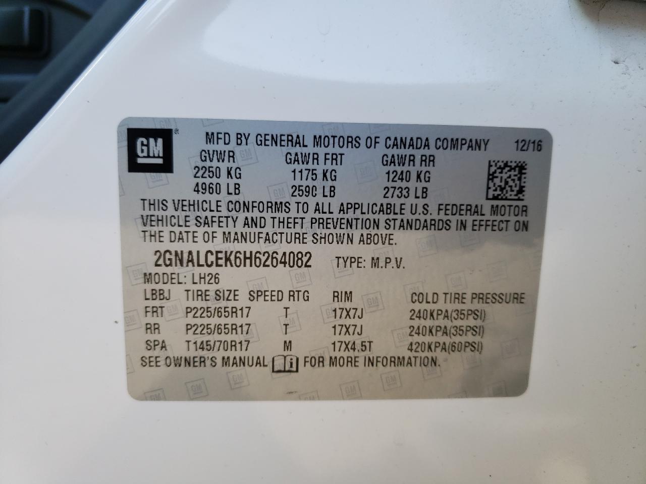 Photo 10 from auction – 2017 CHEVROLET EQUINOX LT with VIN 2GNALCEK6H6264082