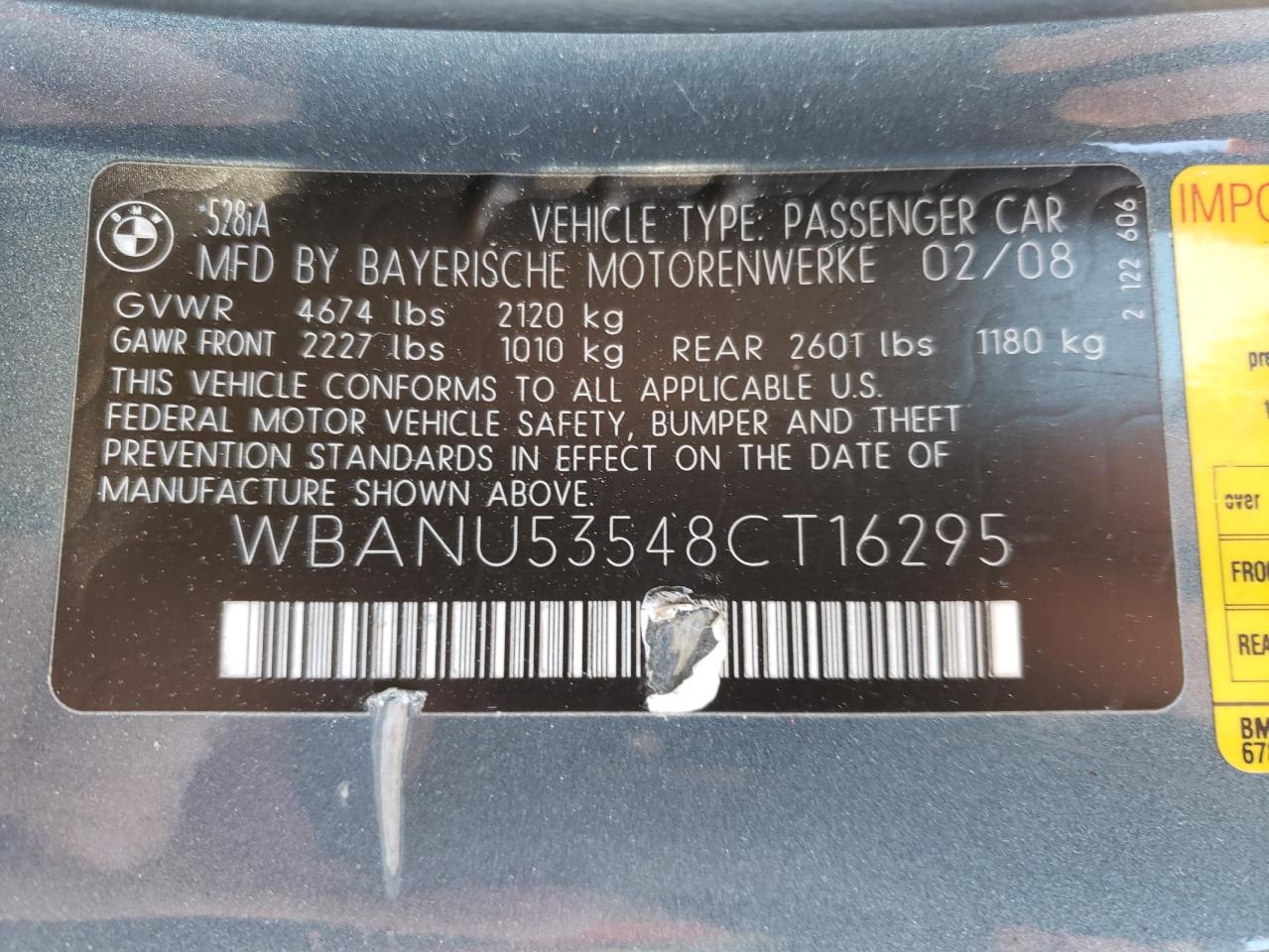 Photo 10 from auction – 2008 BMW 528 I with VIN WBANU53548CT16295