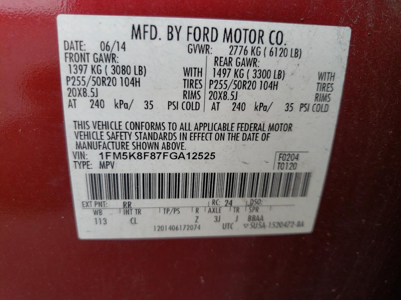 Photo 10 from auction – 2015 FORD EXPLORER L with VIN 1FM5K8F87FGA12525