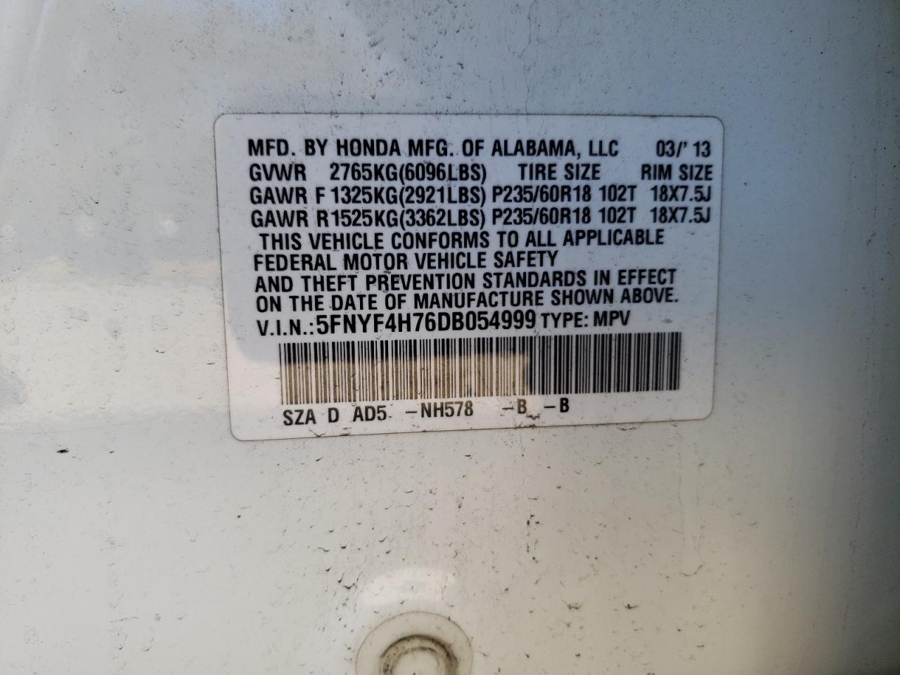 Photo 10 from auction – 2013 HONDA PILOT EXLN with VIN 5FNYF4H76DB054999
