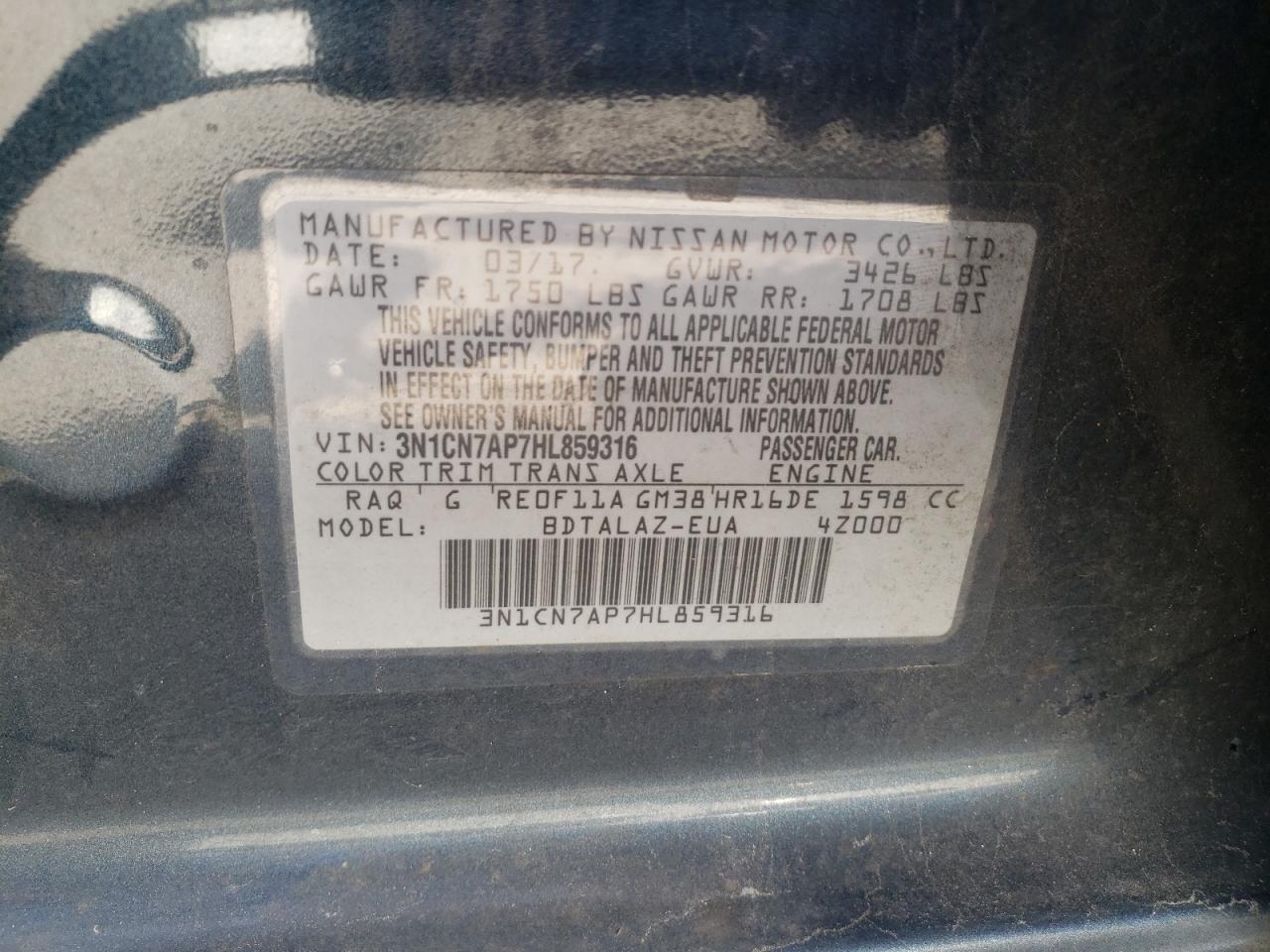 Photo 10 from auction – 2017 NISSAN VERSA S with VIN 3N1CN7AP7HL859316