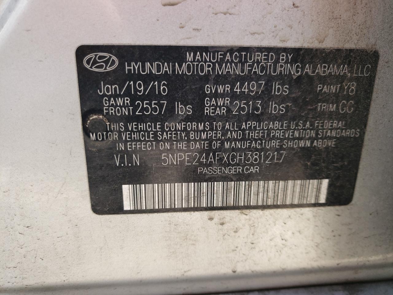 Photo 10 from auction – 2016 HYUNDAI SONATA SE with VIN 5NPE24AFXGH381217