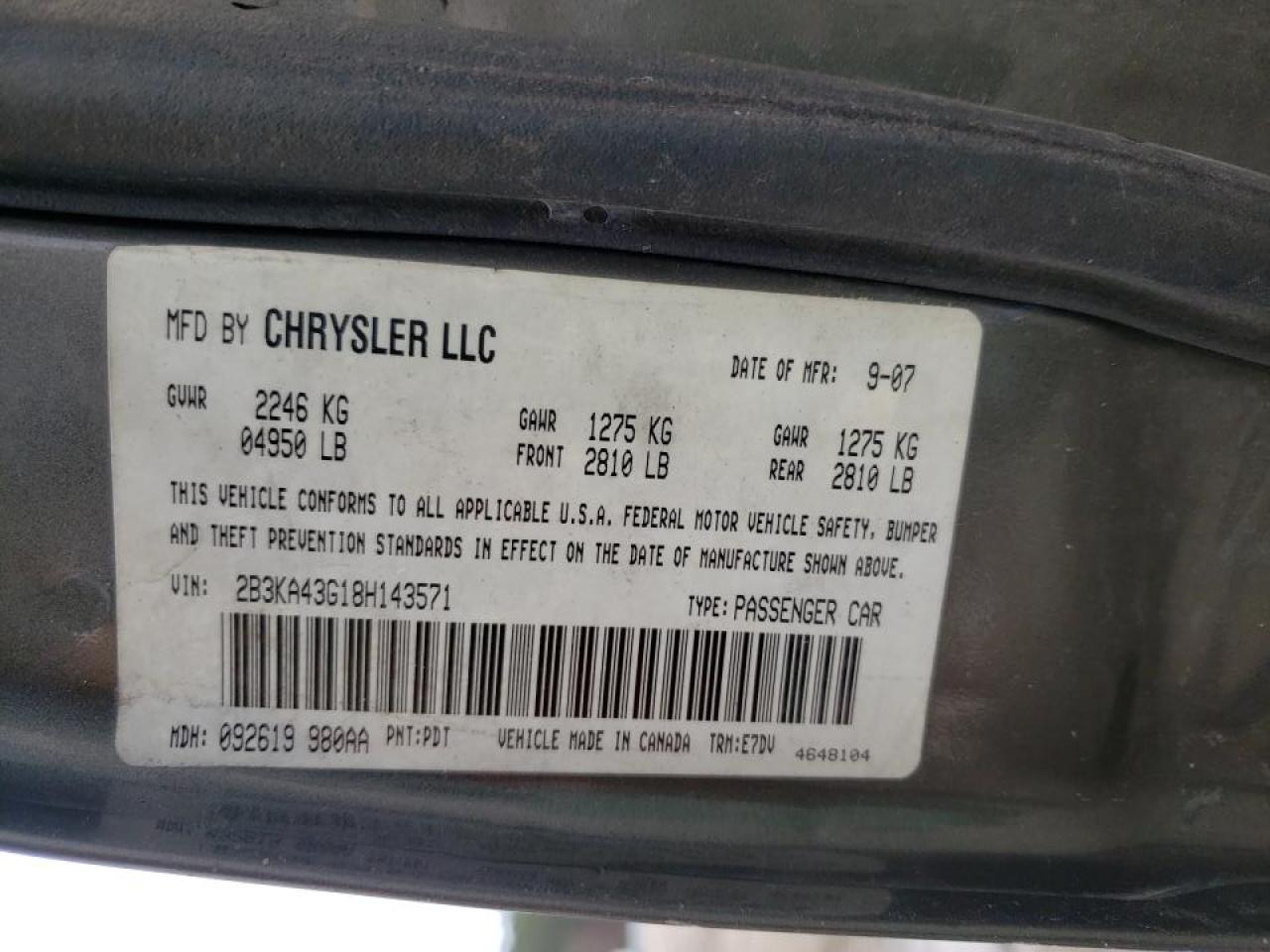 Photo 10 from auction – 2008 DODGE CHARGER with VIN 2B3KA43G18H143571
