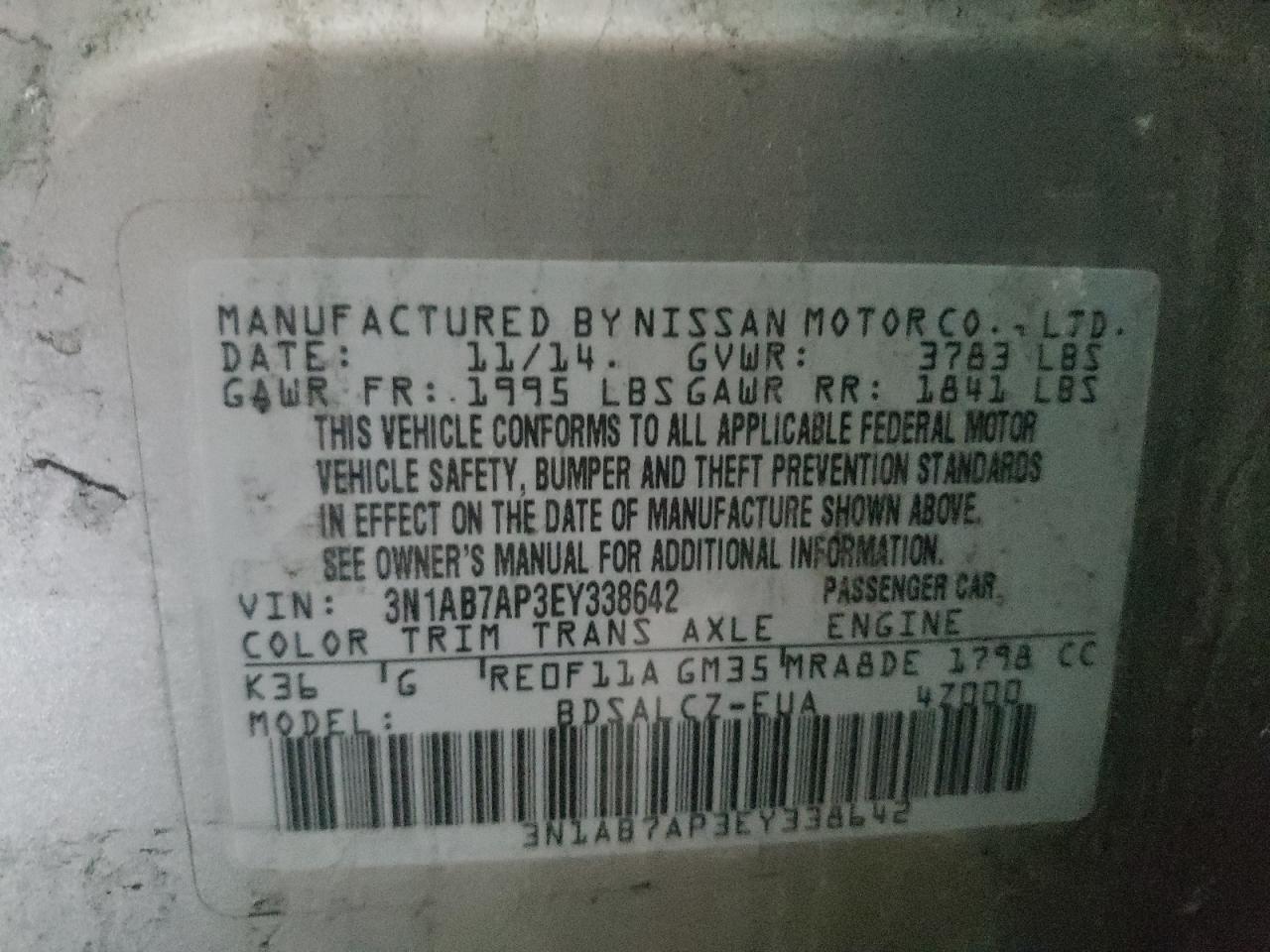 Photo 10 from auction – 2014 NISSAN SENTRA S with VIN 3N1AB7AP3EY338642