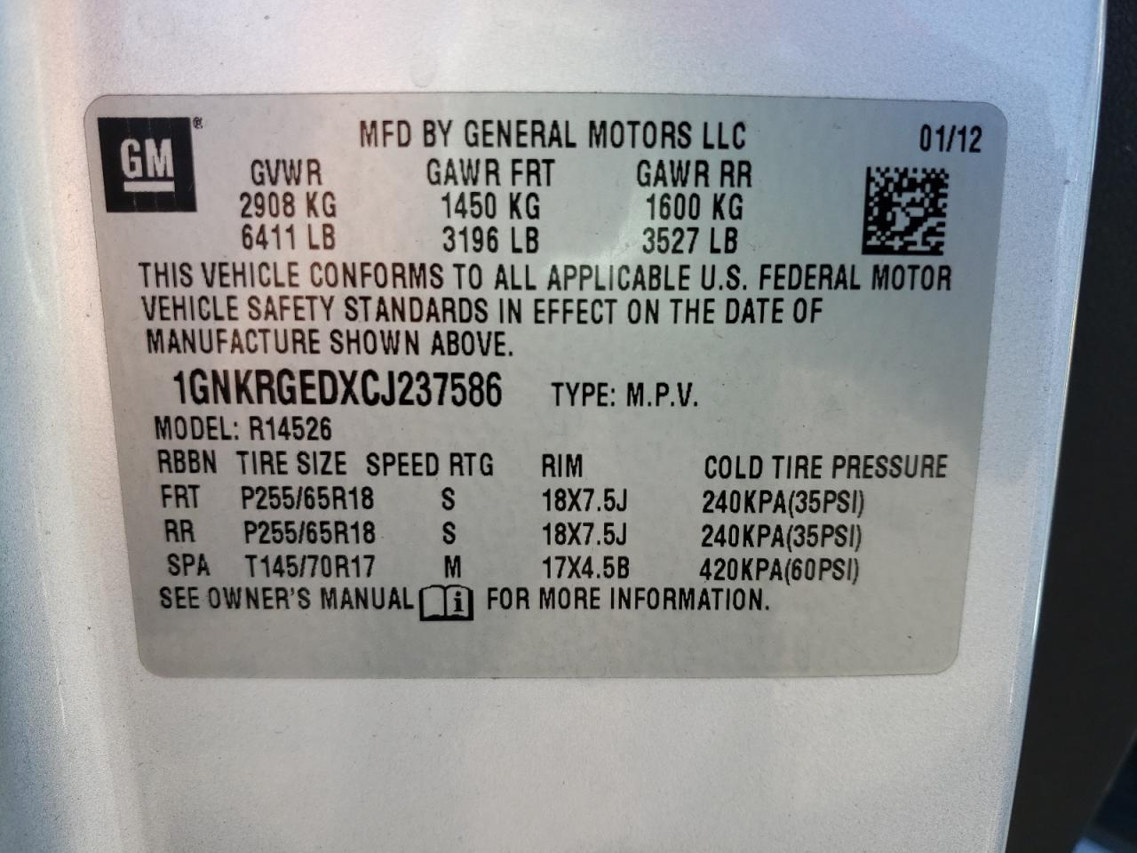 Photo 10 from auction – 2012 CHEVROLET TRAVERSE L with VIN 1GNKRGEDXCJ237586