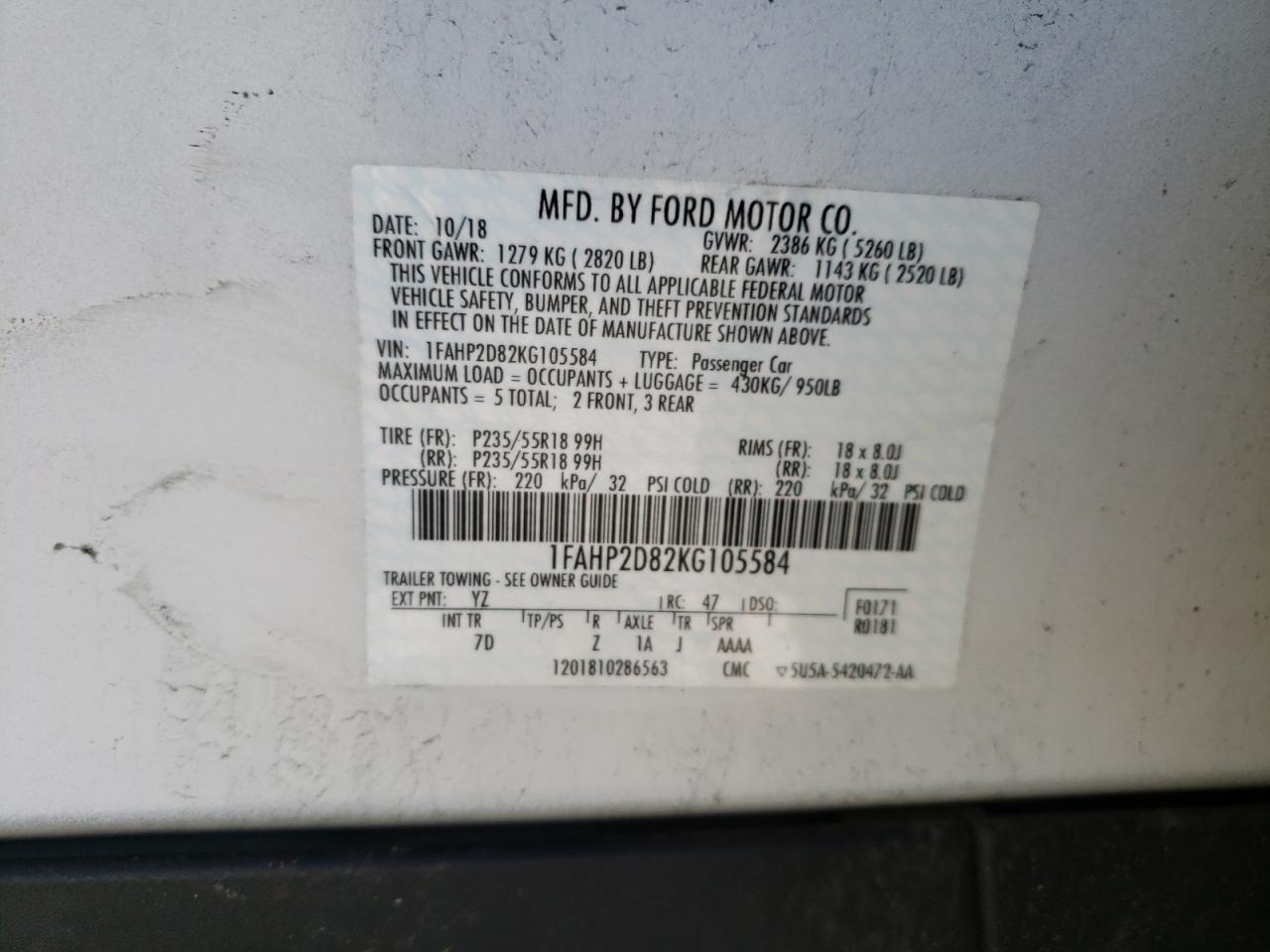 Photo 10 from auction – 2019 FORD TAURUS SE with VIN 1FAHP2D82KG105584