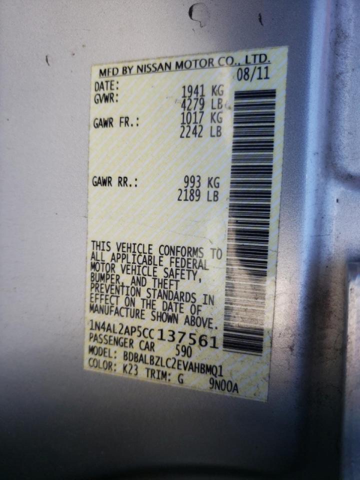 Photo 10 from auction – 2012 NISSAN ALTIMA BAS with VIN 1N4AL2AP5CC137561