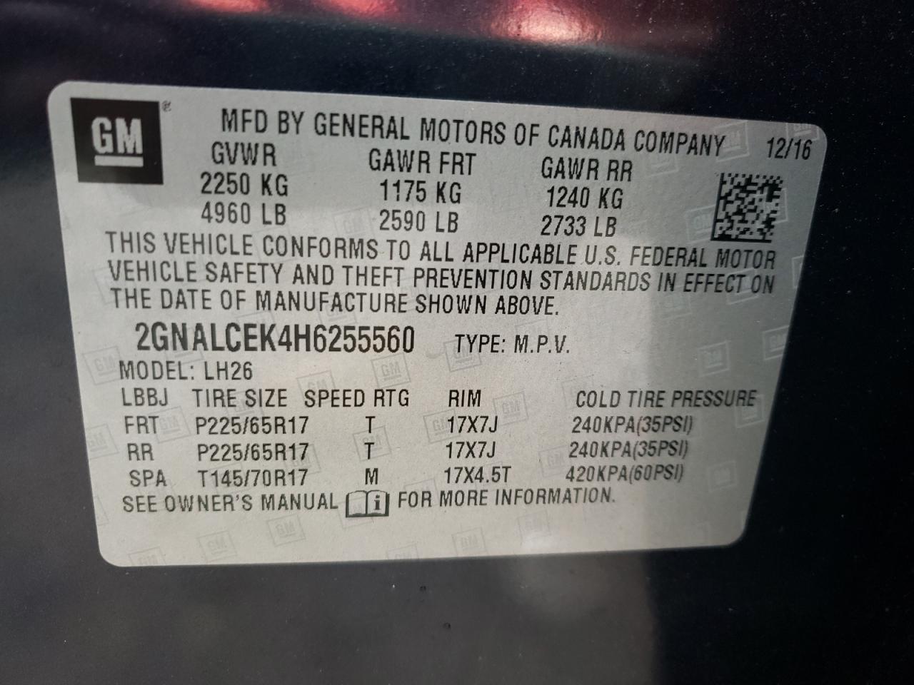 Photo 10 from auction – 2017 CHEVROLET EQUINOX with VIN 2GNALCEK4H6255560