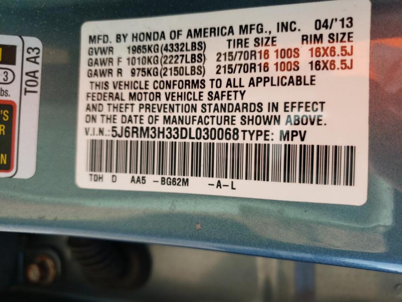 Photo 10 from auction – 2013 HONDA CR-V LX with VIN 5J6RM3H33DL030068