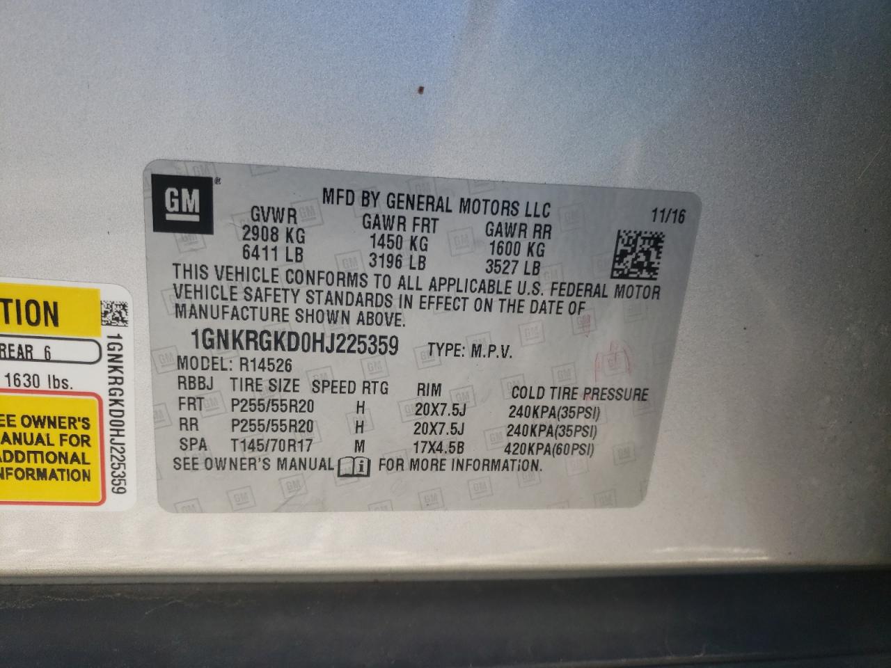 Photo 10 from auction – 2017 CHEVROLET TRAVERSE L with VIN 1GNKRGKD0HJ225359