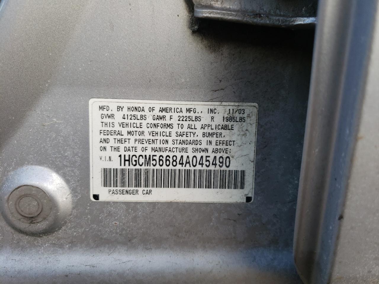 Photo 10 from auction – 2004 HONDA ACCORD EX with VIN 1HGCM56684A045490