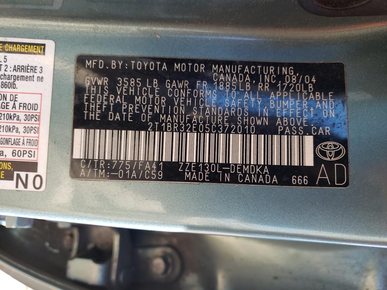 Photo 10 from auction – 2005 TOYOTA COROLLA CE with VIN 2T1BR32E05C372010