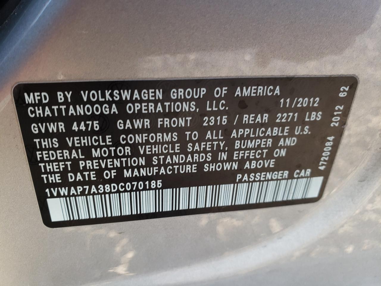 Photo 10 from auction – 2013 VOLKSWAGEN PASSAT S with VIN 1VWAP7A38DC070185