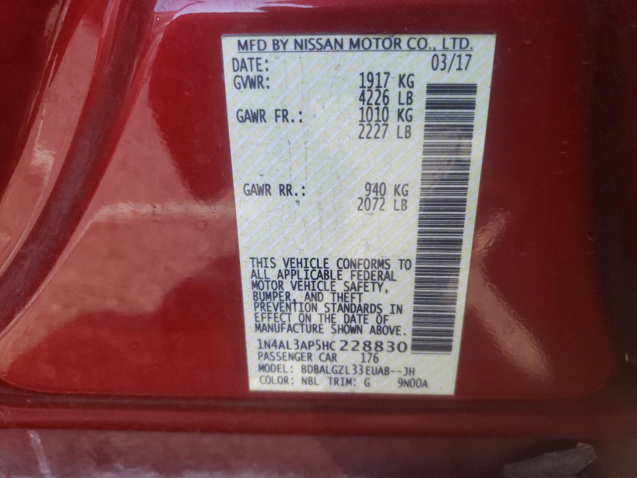 Photo 10 from auction – 2017 NISSAN ALTIMA 2.5 with VIN 1N4AL3AP5HC228830