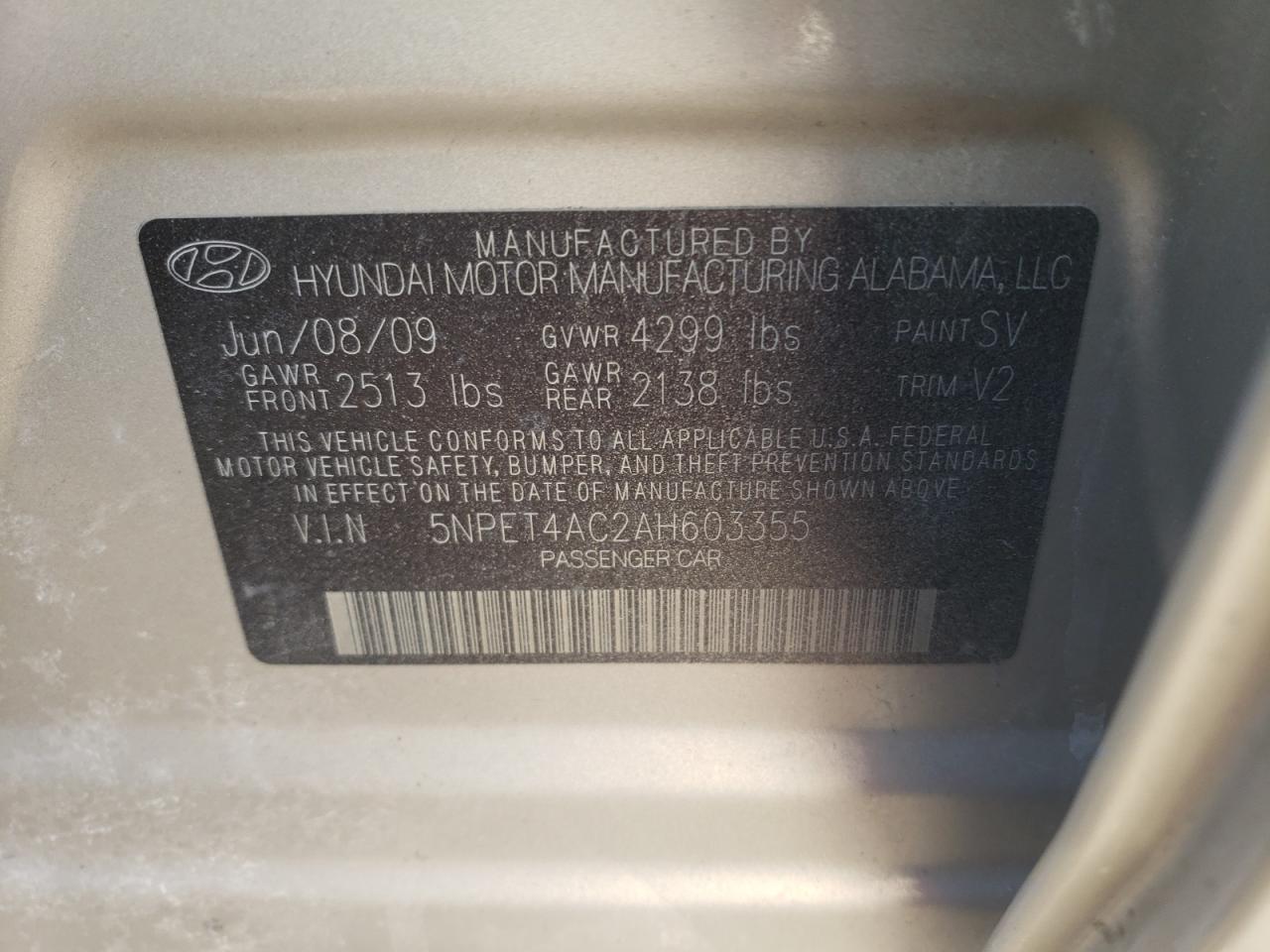 Photo 10 from auction – 2010 HYUNDAI SONATA GLS with VIN 5NPET4AC2AH603355