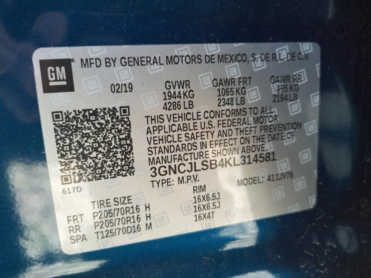 Photo 10 from auction – 2019 CHEVROLET TRAX 1LT with VIN 3GNCJLSB4KL314581