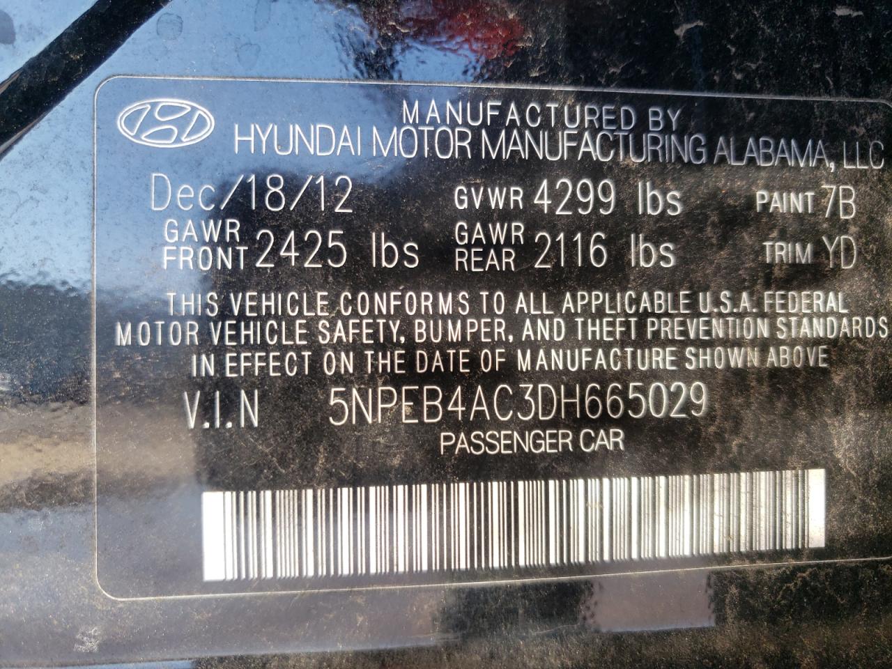 Photo 10 from auction – 2013 HYUNDAI SONATA GLS with VIN 5NPEB4AC3DH665029