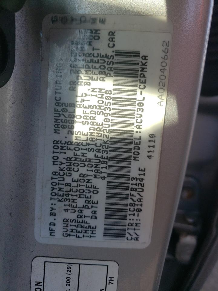 Photo 10 from auction – 2002 TOYOTA CAMRY LE with VIN 4T1BE32K22U093508