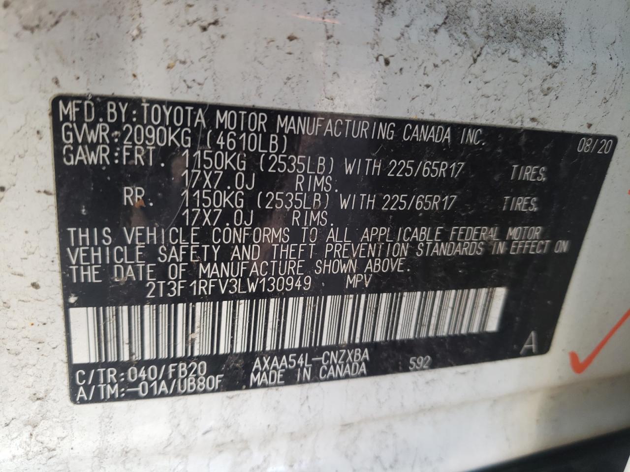 Photo 10 from auction – 2020 TOYOTA RAV4 LE with VIN 2T3F1RFV3LW130949