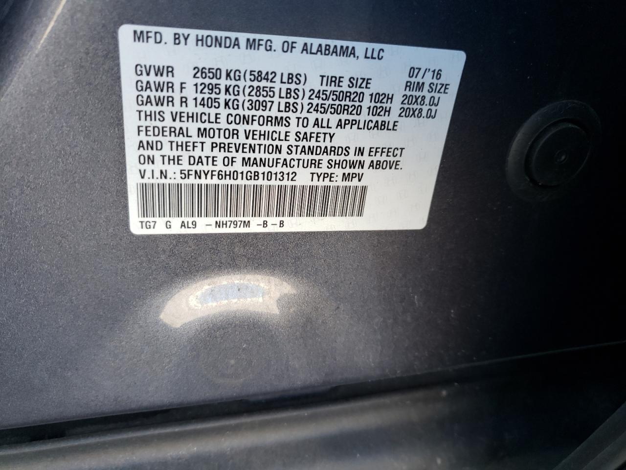 Photo 10 from auction – 2016 HONDA PILOT ELIT with VIN 5FNYF6H01GB101312