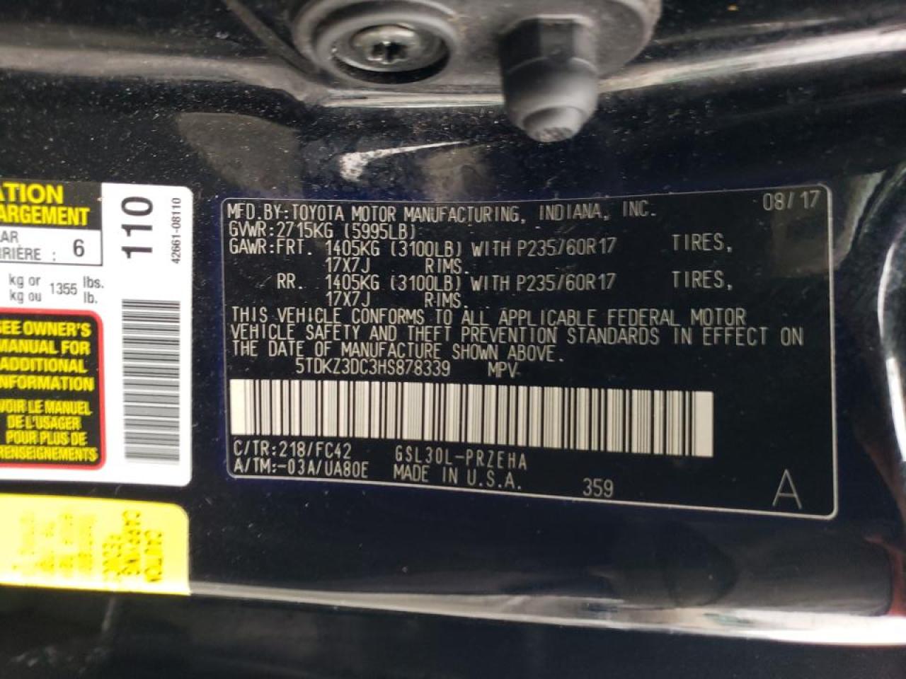 Photo 10 from auction – 2017 TOYOTA SIENNA LE with VIN 5TDKZ3DC3HS878339