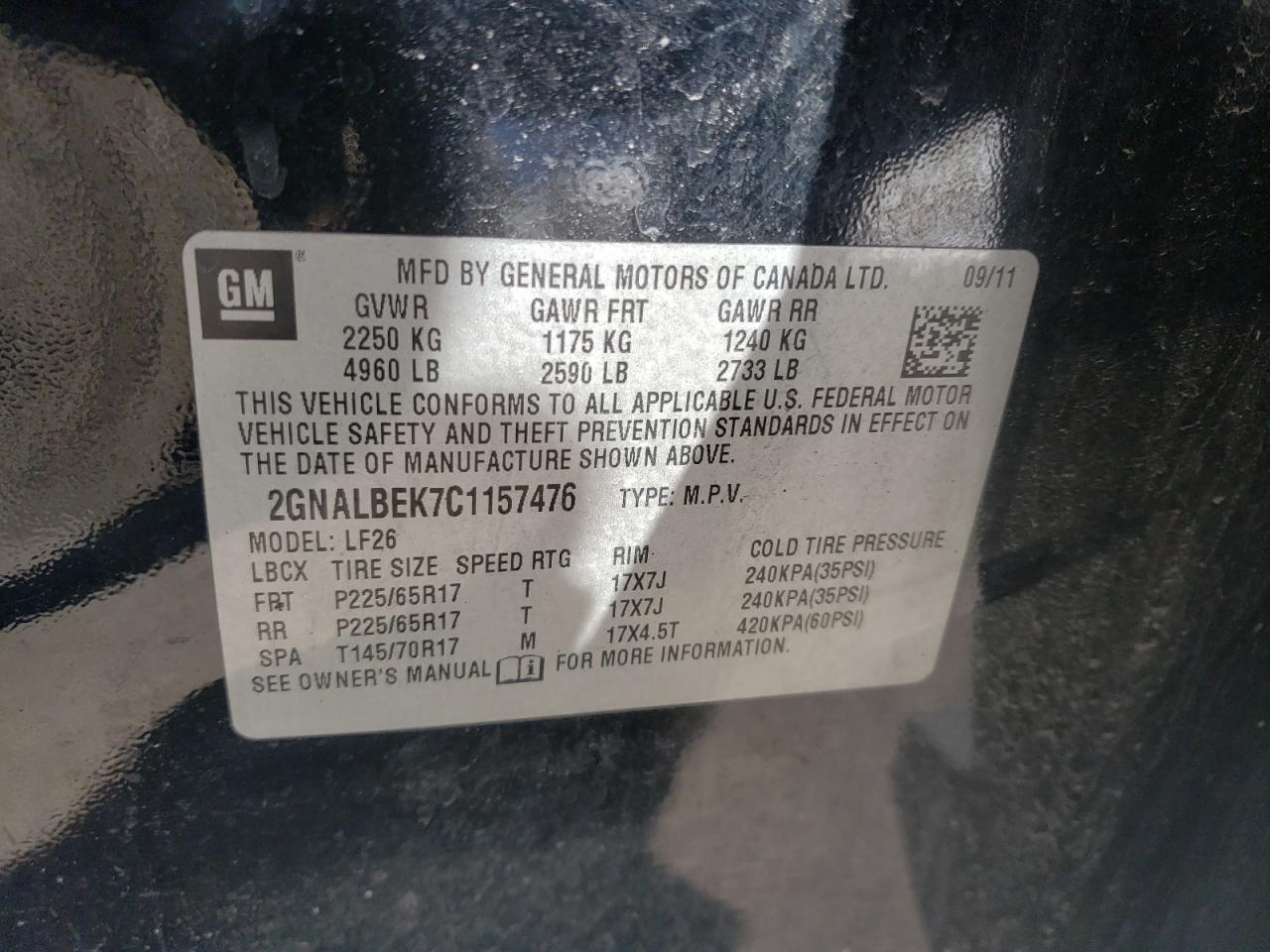 Photo 10 from auction – 2012 CHEVROLET EQUINOX LS with VIN 2GNALBEK7C1157476