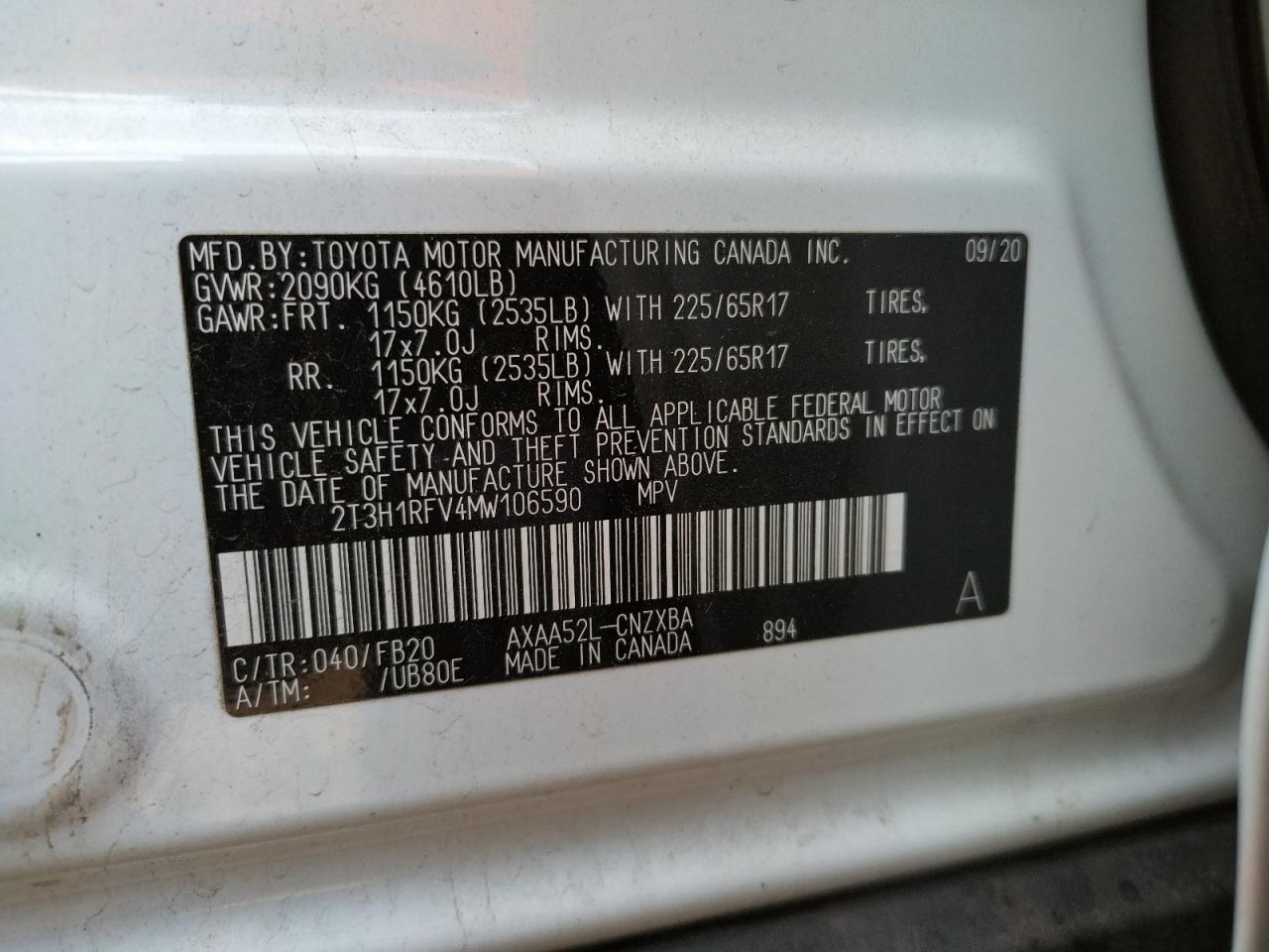 Photo 10 from auction – 2021 TOYOTA RAV4 LE with VIN 2T3H1RFV4MW106590