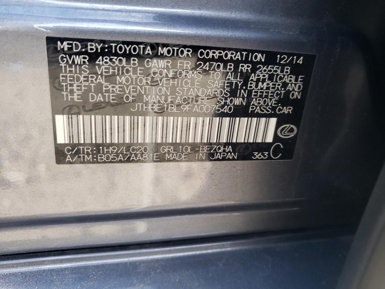 Photo 10 from auction – 2015 LEXUS GS 350 with VIN JTHBE1BL9FA007540