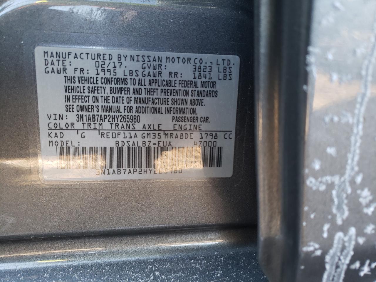 Photo 10 from auction – 2017 NISSAN SENTRA S with VIN 3N1AB7AP2HY265980