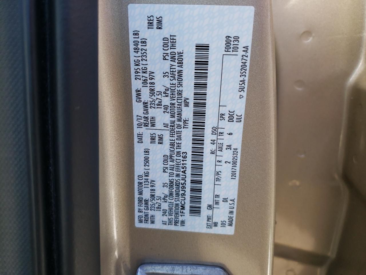 Photo 10 from auction – 2018 FORD ESCAPE TIT with VIN 1FMCU9J95JUA51163