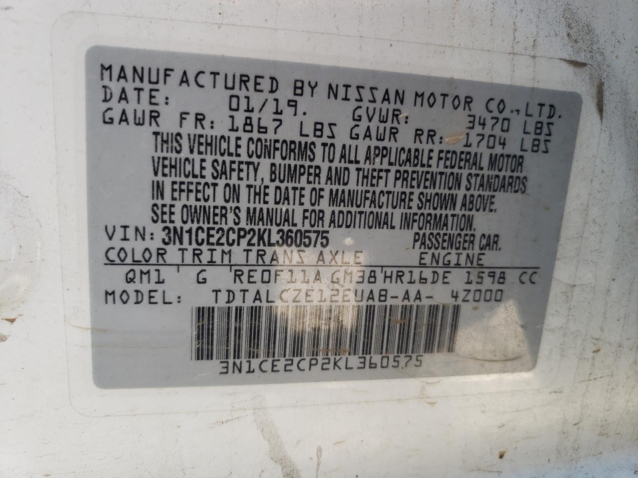 Photo 10 from auction – 2019 NISSAN VERSA NOTE with VIN 3N1CE2CP2KL360575