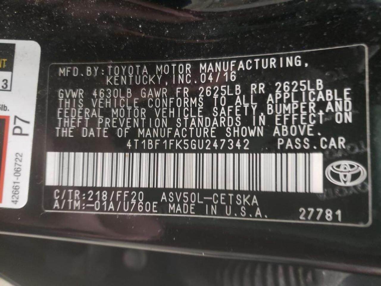 Photo 10 from auction – 2016 TOYOTA CAMRY LE with VIN 4T1BF1FK5GU247342
