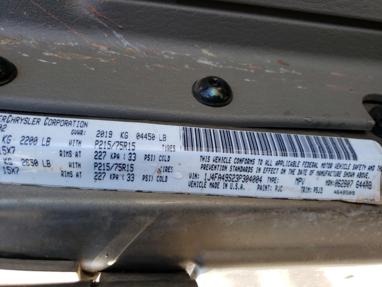 Photo 10 from auction – 2003 JEEP WRANGLER / with VIN 1J4FA49S23P304004