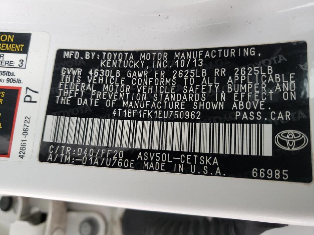 Photo 10 from auction – 2014 TOYOTA CAMRY L with VIN 4T1BF1FK1EU750962